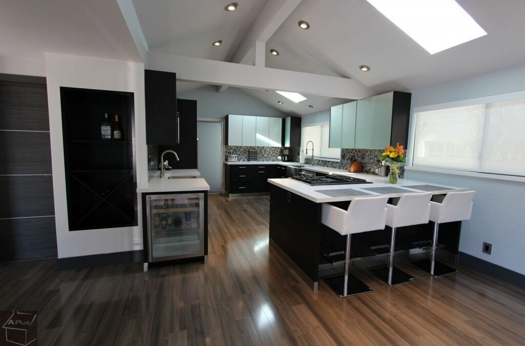 San Clemente Black & White Modern G-Shaped Kitchen Remodel with Sophia Line Cabinets