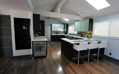 San Clemente Black & White Modern G-Shaped Kitchen Remodel with Sophia Line Cabinets