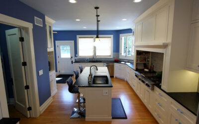 1908 Historic Wagner house in Placentia with White and Blue Transitional U-Shaped Kitchen