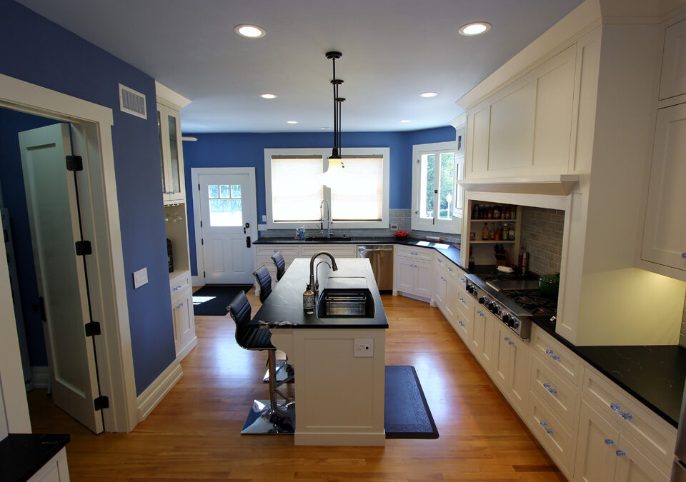 1908 Historic Wagner house in Placentia with White and Blue Transitional U-Shaped Kitchen