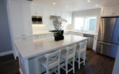 Irvine White Transitional L-Shaped Kitchen and Bathroom Remodel with Custom Cabinets