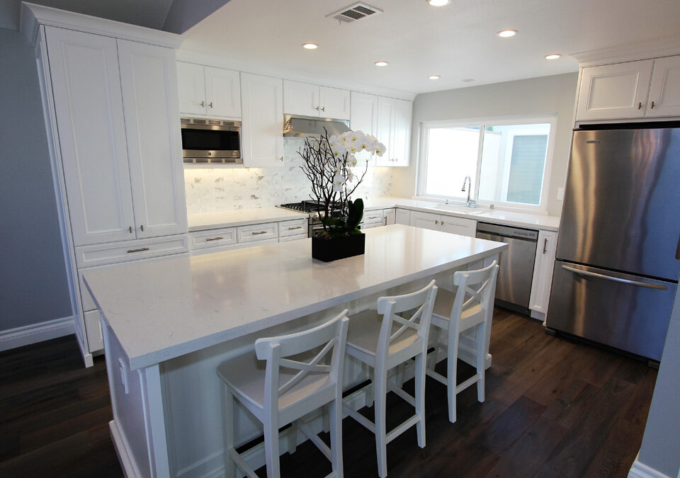 Irvine White Transitional L-Shaped Kitchen and Bathroom Remodel with Custom Cabinets