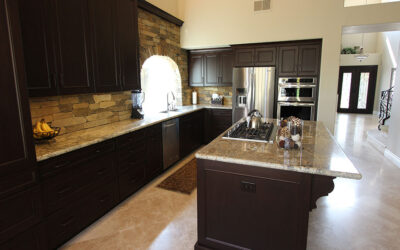 Yorba Linda Traditional Dark Brown L-Shaped Kitchen Remodel with Stone Brick Backsplash